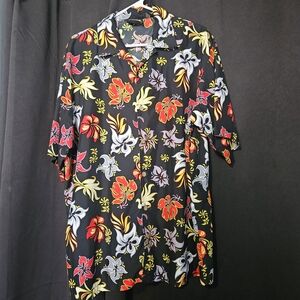 VTG ODO Men's XL Floral Flame Tribal Black Hawaiian Shirt